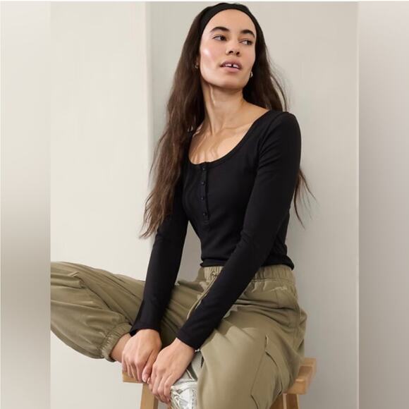 Athleta Tops - Athleta Top Womens XS Black Signature Rib Henley Modal Commute Lounge Travel New